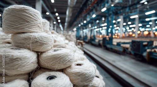 Close up of yarn spools in a textile factory production environment