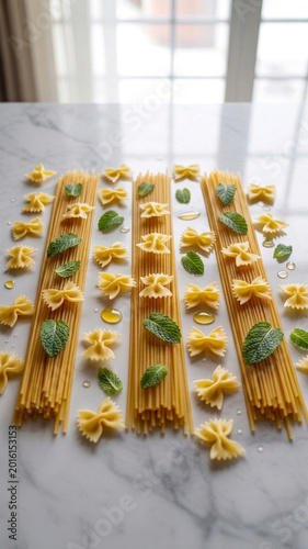 Pasta and mint leaves arrangement on marble surface