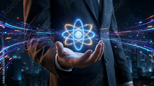 Businessman holding a glowing atom symbol with energy particles, futuristic technology concept