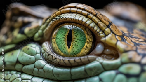 Extreme close up macro photo of a green crocodile eye strongly contrasting in color against the reptile skin texture, medical advertising style