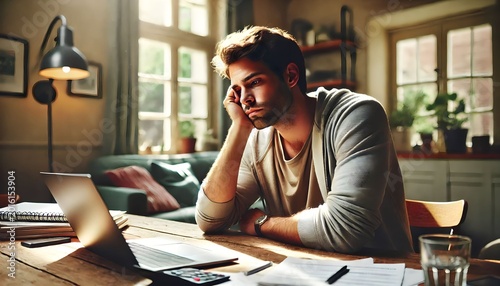 Exhausted Young Man Working From Home Feeling Burnout and Mental Fatigue at Laptop