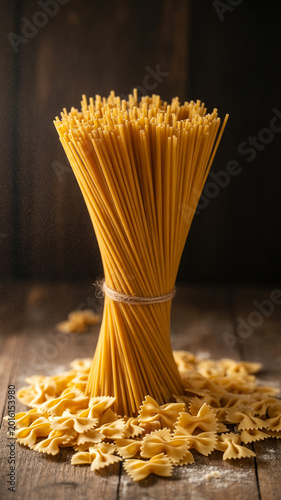 Dry spaghetti and farfalle pasta golden yellow still life