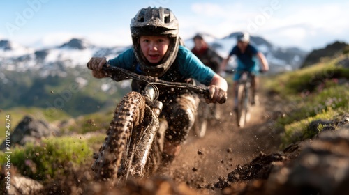 A young boy, full of determination, navigates a muddy mountain trail on his bike, capturing the thrill and adventure of outdoor sports in a rugged terrain setting.