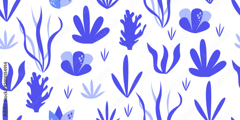 Fototapeta premium Blue underwater plants and coral seamless pattern for modern bathroom accessories maritime home textile and elegant ocean themed branding design illustration