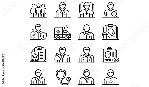 Healthcare Professionals Outline Icons Set Isolated on White Background
