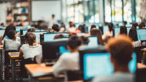 Students working on computers in a classroom setting educational concept