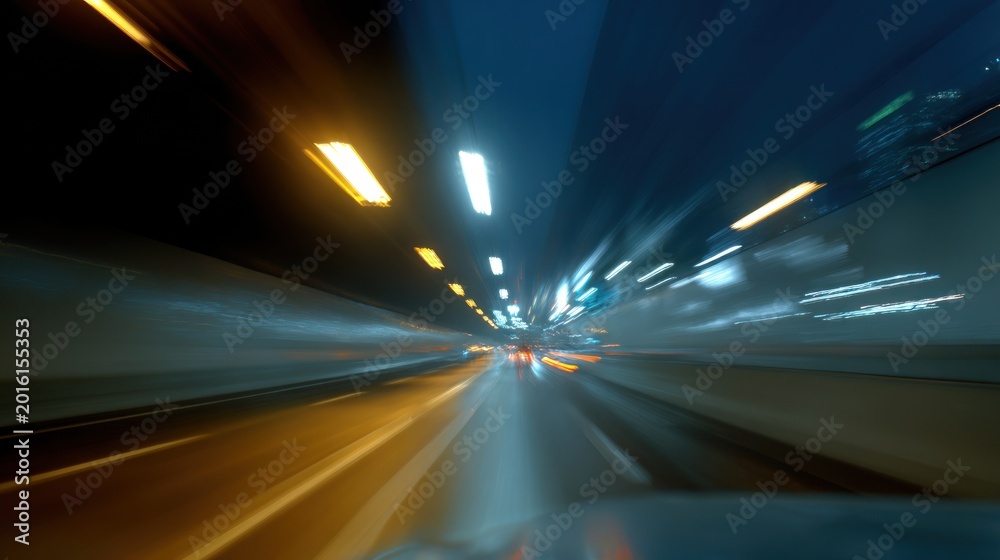 Fototapeta premium Abstract nighttime tunnel driving perspective with motion blur
