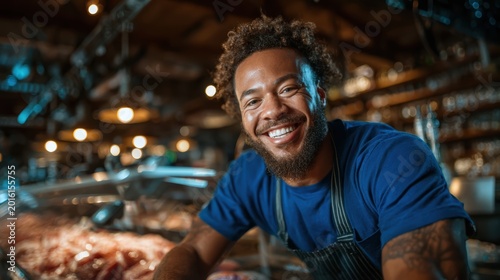 A joyful vendor in a bustling market smiles warmly, inviting customers to explore fresh offerings, capturing the essence of community spirit, friendliness, and commerce.