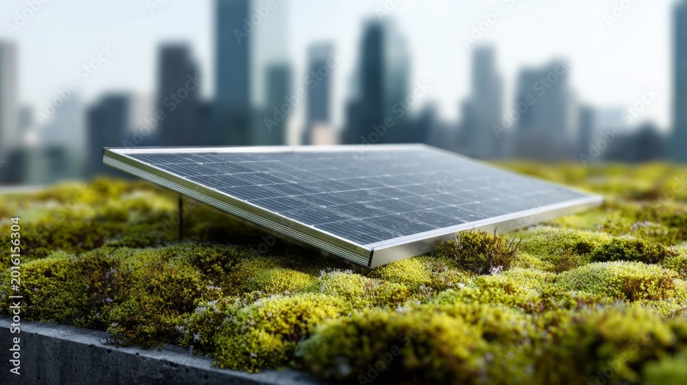 Fototapeta premium Single solar panel laying on a green moss roof capturing renewable energy with modern city skyline buildings in background, depicting sustainable urban living