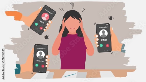 A busy woman is disturbed by the many incoming phone calls. Hand holding a smartphone with incoming call from unknown, spam, and office.