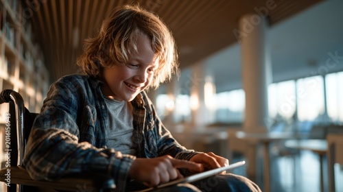 A joyful young boy sitting in a wheelchair, deeply engaged with a tablet, captured in a bright, airy library environment, showcasing technology's role in empowerment and joy.