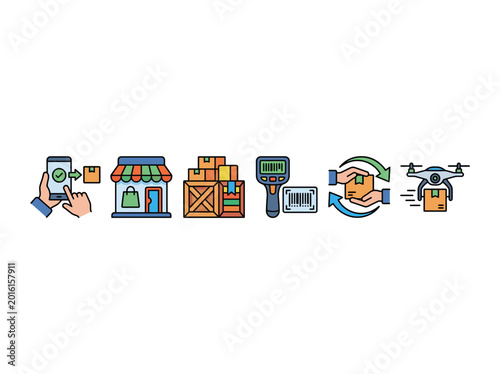This image features digital commerce elements depicting an online shopping experience, including a mobile device, packages, and a delivery drone, encapsulating modern logistics.