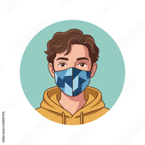 This modern illustration depicts a young person wearing a trendy geometric-patterned face mask, reflecting current health trends and personal style during pandemic times.