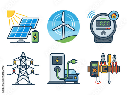 This image depicts various renewable energy symbols and equipment including solar panels and wind turbines, emphasizing sustainability and modern technology in energy production.