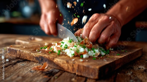 A hands-on approach to cooking showcases vibrant ingredients being chopped finely, illustrating the art of culinary preparation in an inviting kitchen setting filled with life and flavor.