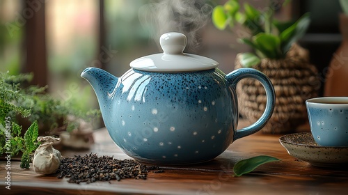Steaming teapot with tea leaves on wooden table.