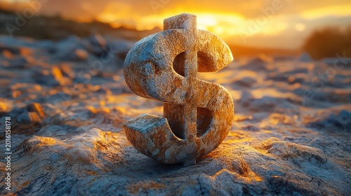 Stone dollar sign sunset landscape.