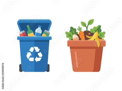 An engaging depiction of a recycling bin and an organic waste cart, promoting the importance of waste management and sustainability practices in everyday life.