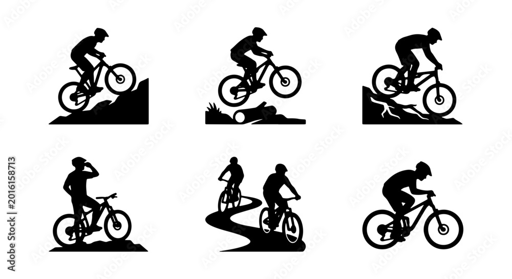 Fototapeta premium Mountain Bike Silhouettes, Extreme Sports Action, Off-Road Cycling Icons, Dynamic Rider Poses, Vector Graphics Set