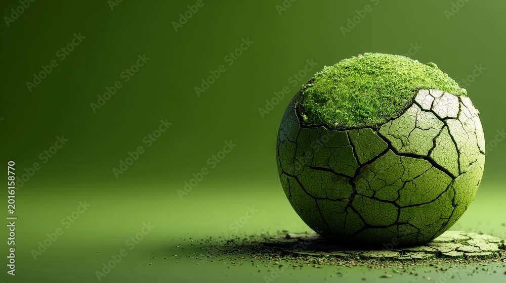 Fototapeta premium A cracked globe covered in green moss, symbolizing sustainability.
