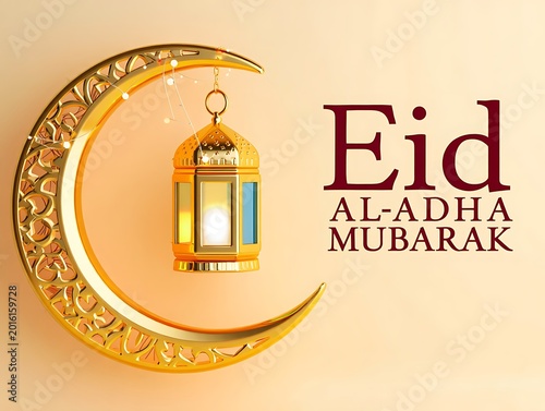 Eid al-adha celebration illustration with crescent moon and lanterns