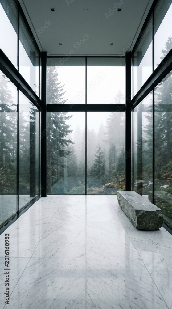 Fototapeta premium ​Modern minimalist glass pavilion house with marble interior overlooking a misty pine forest 