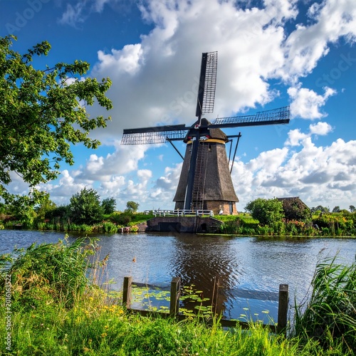 Old windmill by water, sunny
