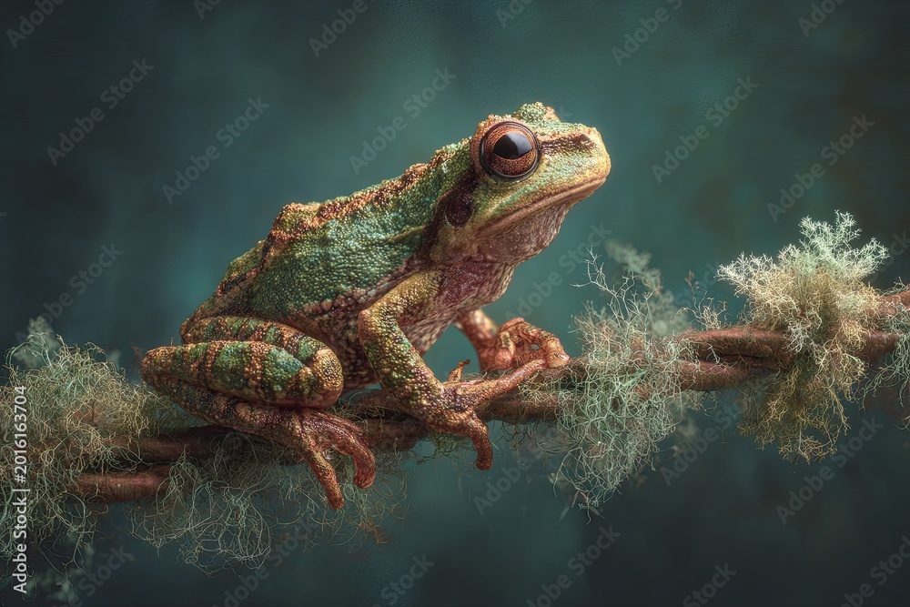 Obraz premium Intricately patterned tiny tree frog with striking red eyes perched on a lichen-covered branch in its natural habitat