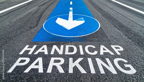 Handicap Parking Sign on Asphalt with Arrow Symbol.