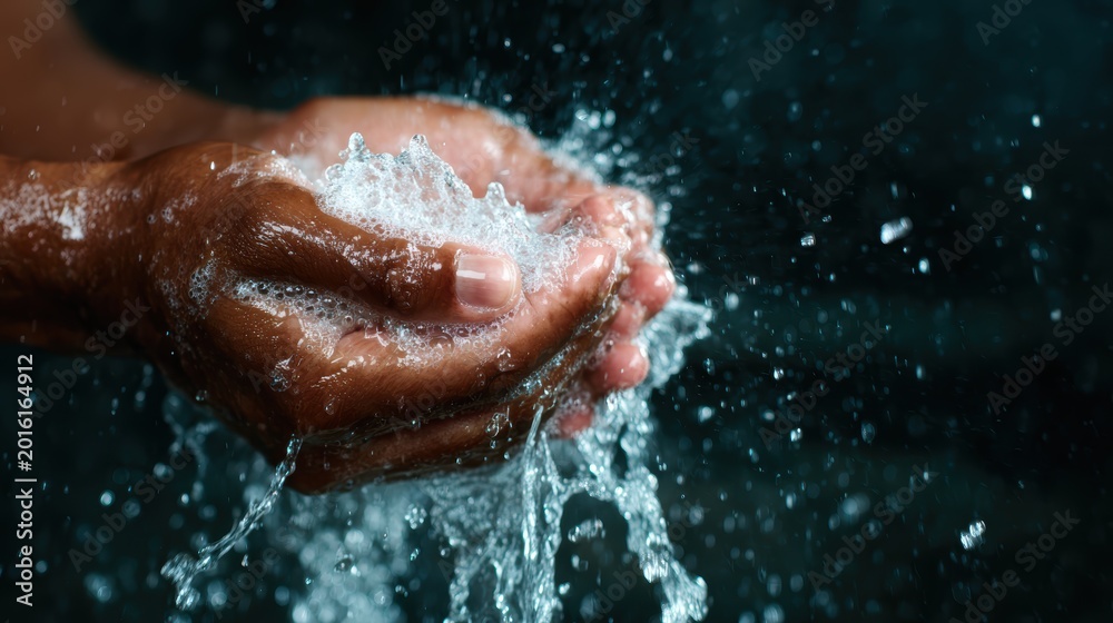 Fototapeta premium A captivating image of hands elegantly cradling splashes of water droplets, capturing the essence of purity, refreshment, and the importance of water in our lives.