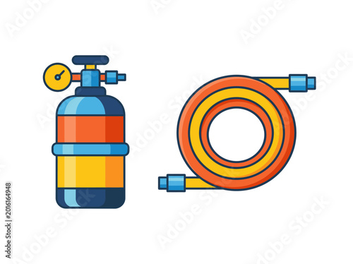 An illustrative depiction of a gas cylinder and hose, highlighting essential industrial equipment, their functionality, and safety in various environments, embodying strength and utility.