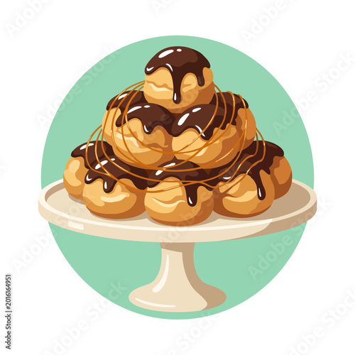 This enticing image presents a beautifully arranged tower of cream-filled pastries, topped with a glossy chocolate drizzle that tempts sweet lovers and dessert enthusiasts alike.