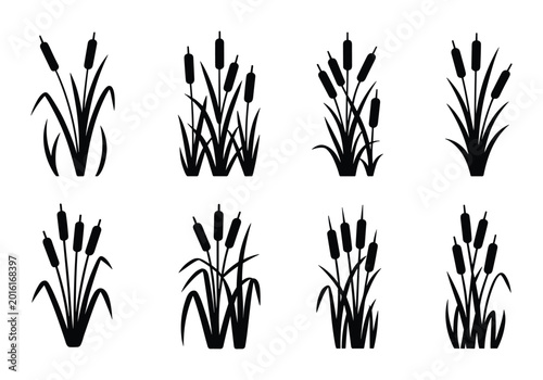 Bild auf Leinwand Reed Grass Silhouette Collection, Set of eight black silhouette of cattail plant