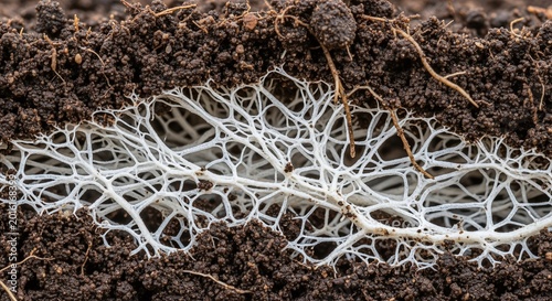 Intricate network of white fungal hyphae interwoven with rich dark soil, revealing underground life.