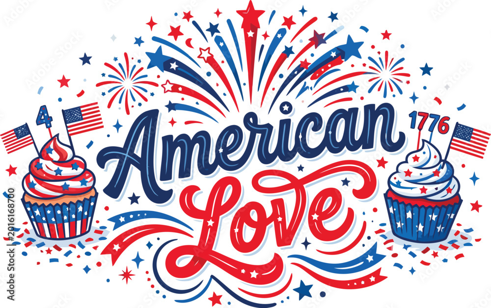 Obraz premium Patriotic american independence day graphic with cupcakes and fireworks