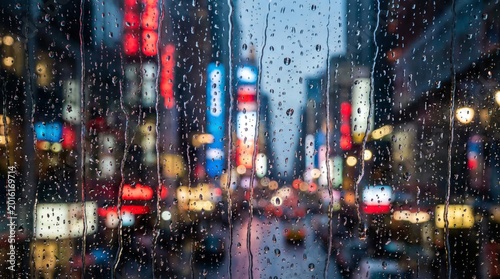 Raindrops on Window Glass Overlooking Blurred City Lights of Times Square at Night