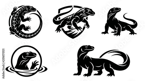 Obraz na plátně A stunning collection of stylized salamander graphics designed in a bold black silhouette art style, showcasing creativity and artistic representation of these fascinating reptiles