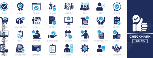 Checkmark icon set with approve, complete, correct, accept, agree, confirm, checklist, and verified symbols for task success. Vector EPS.