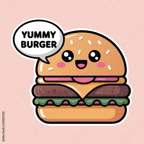 Cute cartoon burger character with a smiling face and speech bubble on pink