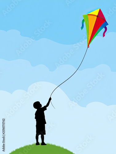Minimal silhouette child flying colorful kite in blue sky