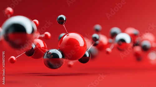 3D molecular structure with red and black atoms on a vivid background.