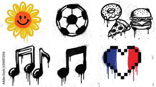 Foto Urban graffiti style icon set with sun, soccer ball, food, music notes, and pixe