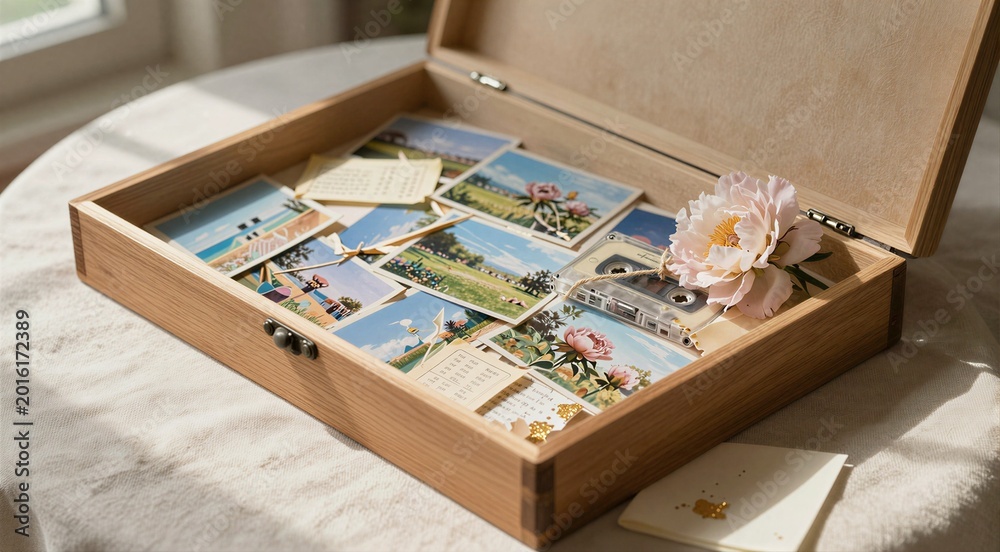 Fototapeta premium Wooden memory box open showing postcards and floral accent