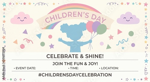 Pastel children's day invitation card with balloons clouds and rainbow theme