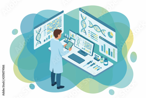 Scientist analyzing DNA data in a modern medical laboratory hub