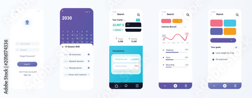 Mobile application interface screens. Modern user experience dashboard layouts. Digital business and analytics concept. Clean ui kit collection.