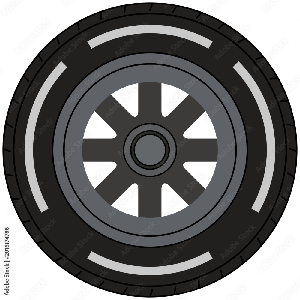 Fototapeta premium Detailed vector illustration of a Formula 1 racing tire with rim and checkered patterns