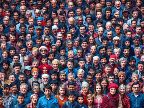 Array of varied individuals, a spectrum of sizes and colors, blue and red predominate,  spectrum,  diverse