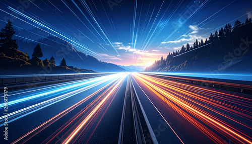 A road stretches towards the horizon, blurred light trails create a fast-moving effect