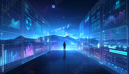 Futuristic digital data center with person gazing at mountain range through illuminated screens